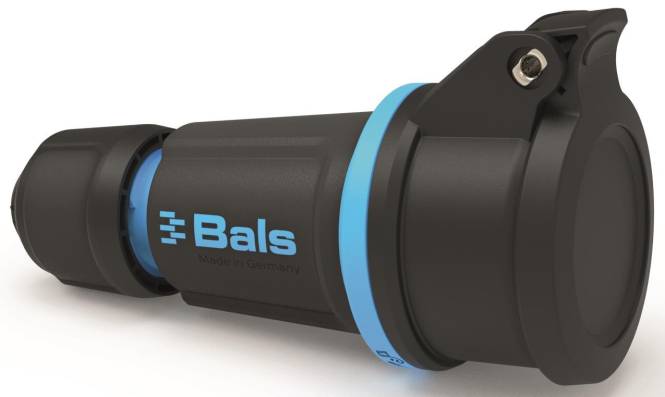 Ein schwarzer und blauer elektrischer Stecker der Marke 'Bals', der einen Teil eines sicheren Verriegelungsmechanismus zeigt.