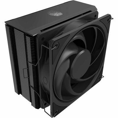 Ein schwarzer CPU-Luftkühler mit einem großen Lüfter und mehreren Kühlkörperlamellen, entwickelt für effizientes Wärmemanagement in PCs.