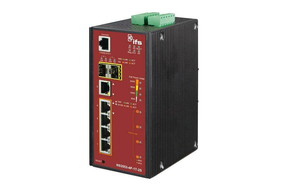 Industrie-Ethernet-Switch mit fünf RJ45-Anschlüssen an der Vorderseite und grünen Schraubklemmen oben, in einem schwarzen gerippten Metallgehäuse.
