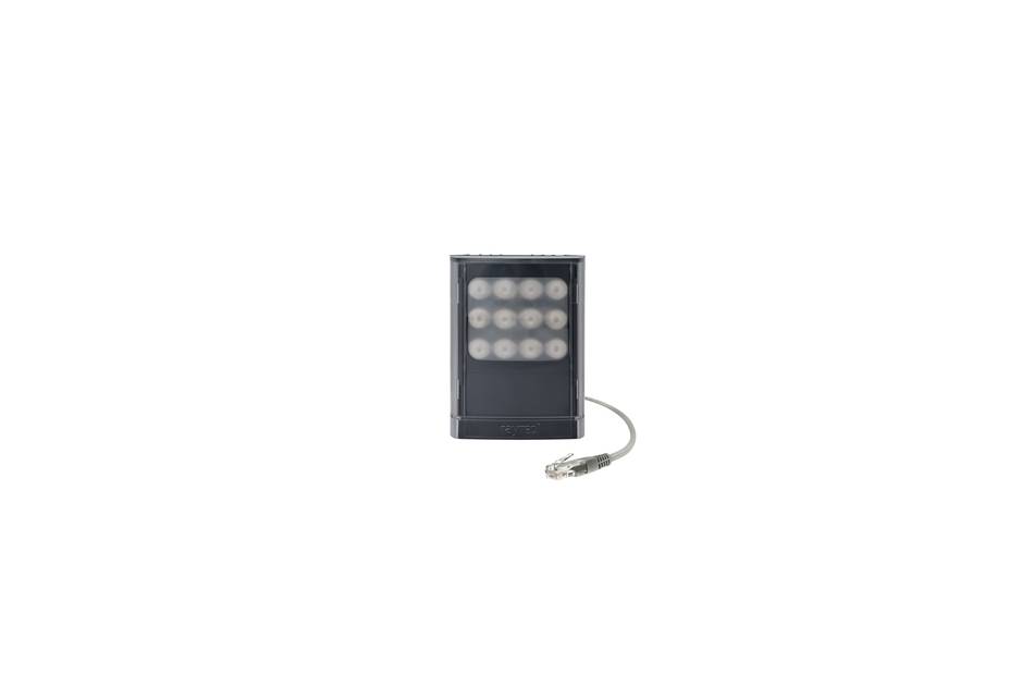 Schwarzes rechteckiges LED-Lichtmodul mit kurzem angebrachtem Kabel auf weißem Hintergrund.