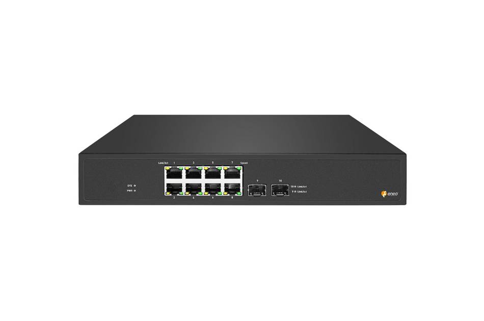 Vorderansicht eines schwarzen Netzwerk-Switches mit acht Ethernet-Anschlüssen und zwei zusätzlichen Uplink-Anschlüssen auf einem schlichten weißen Hintergrund.