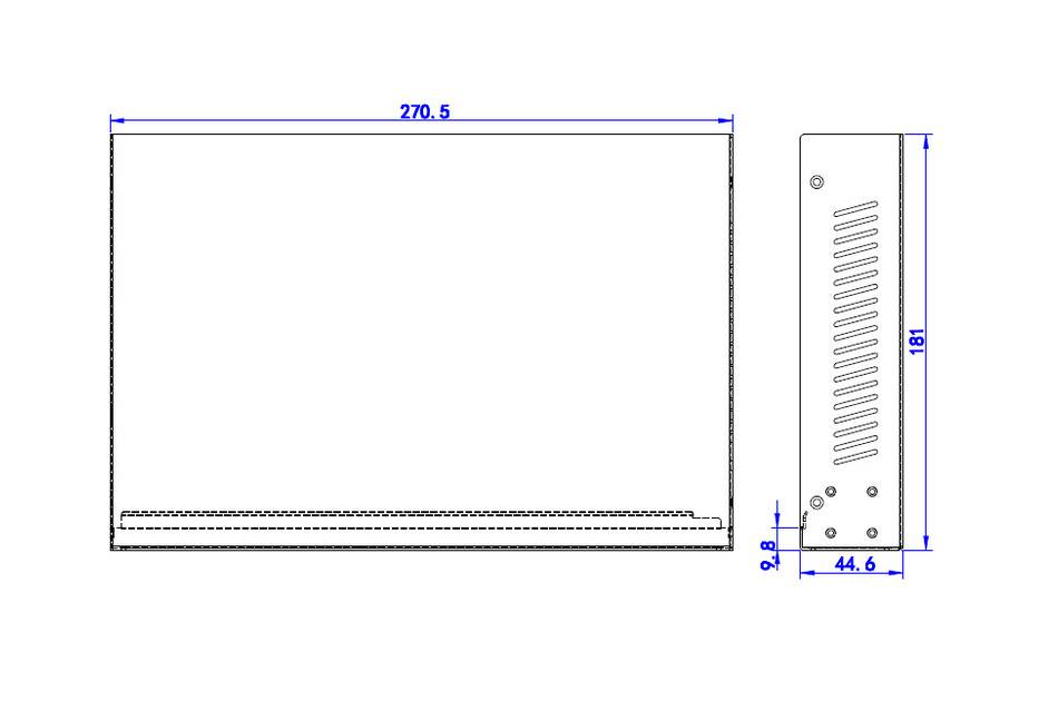 Technische Zeichnung eines rechteckigen Gerätegehäuses mit Vorder- und Seitenansicht mit Abmessungen von 270,5 mm Breite, 181 mm Höhe und 44,6 mm Tiefe.