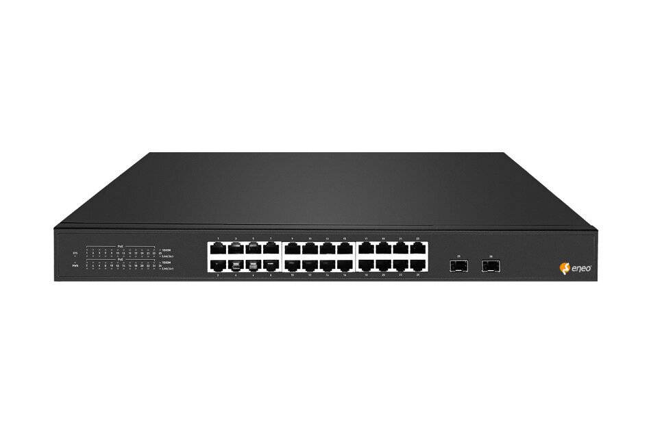 eneo NSUR-1024M0A, Gigabit Switch Rack, Unmanaged, 24x PoE, 2xSFP, max. 30W pro Port, internes Netzteil max. 400W