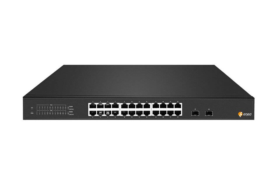 Rahmenmontagefähiger Netzwerk-Switch mit 24 Ethernet-Anschlüssen und zwei Uplink-Anschlüssen auf der Frontplatte.