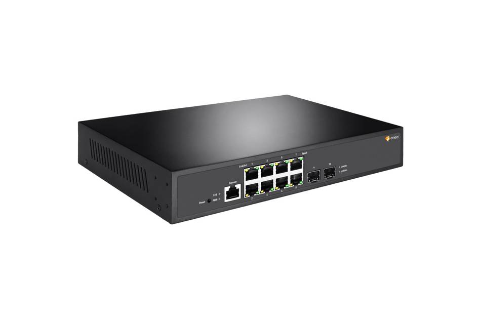 Schwarzer Netzwerk-Switch/Router mit mehreren Ethernet-Anschlüssen auf weißem Hintergrund, in angewinkelter Produktansicht dargestellt.