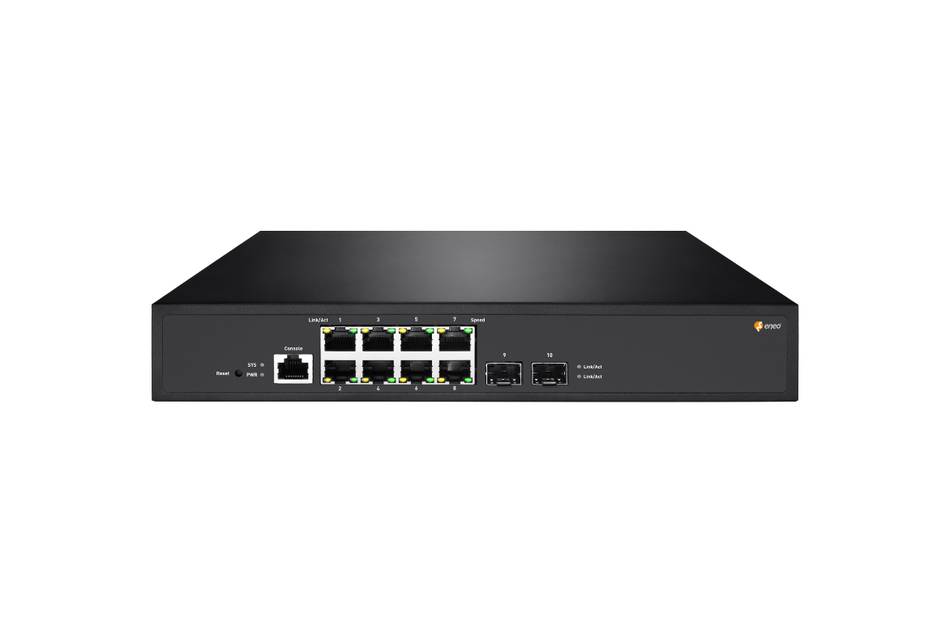 Vorderansicht eines schwarzen Netzwerk-Switches mit acht Ethernet-Anschlüssen, zwei zusätzlichen Anschlüssen, Statusleuchten und einem kleinen Logo auf der rechten Seite.