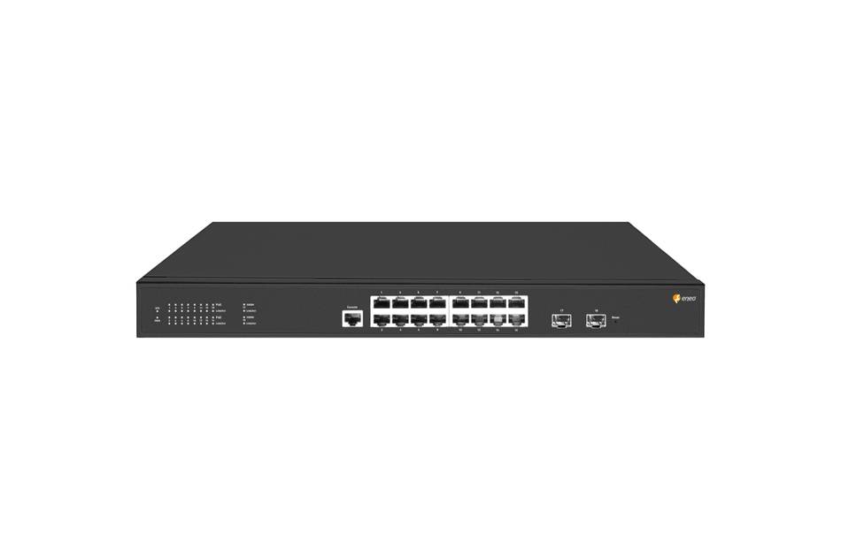 Vorderansicht eines schwarzen 16-Port-Netzwerk-Switches mit Ethernet-Anschlüssen und Status-LEDs auf einem einfachen weißen Hintergrund.