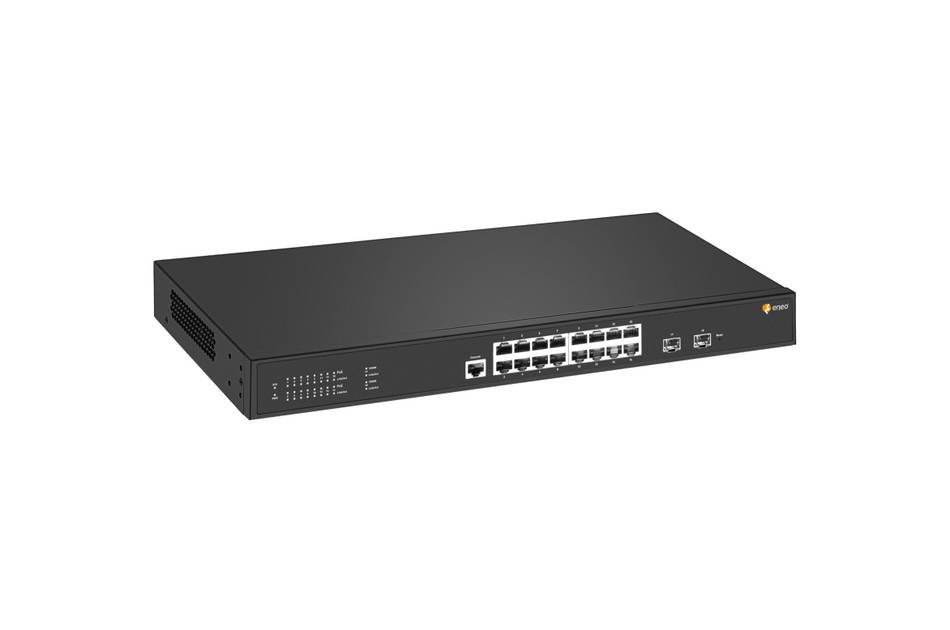 Schwarzer 16-Port-Netzwerk-Switch in perspektivischer Ansicht auf weißem Hintergrund, mit Ethernet-Anschlüssen und Statusleuchten auf der Frontplatte.