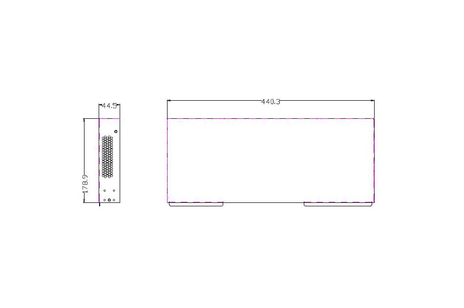 Technische Zeichnung eines rechteckigen Gerätegehäuses mit Vorder- und Seitenansicht sowie Abmessungen von 440,3 mm Breite und 78,9 mm Höhe, ergänzt durch ein Tiefendetail von 44,5 mm.