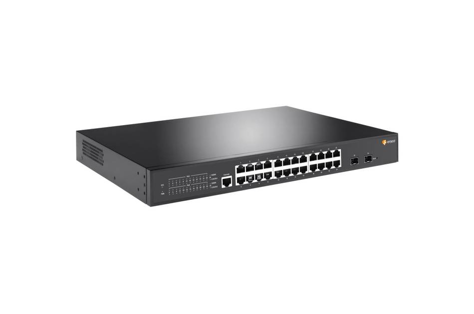 Rack-montierter Netzwerk-Switch mit mehreren Ethernet-Anschlüssen und Status-LEDs auf weißem Hintergrund.