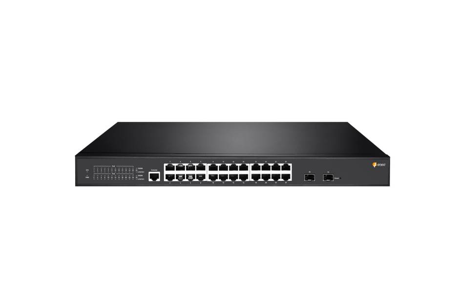 Vorderansicht eines Ethernet-Netzwerk-Switches für Rackhalterung mit 24 Anschlüssen und Status-LEDs auf weißem Hintergrund