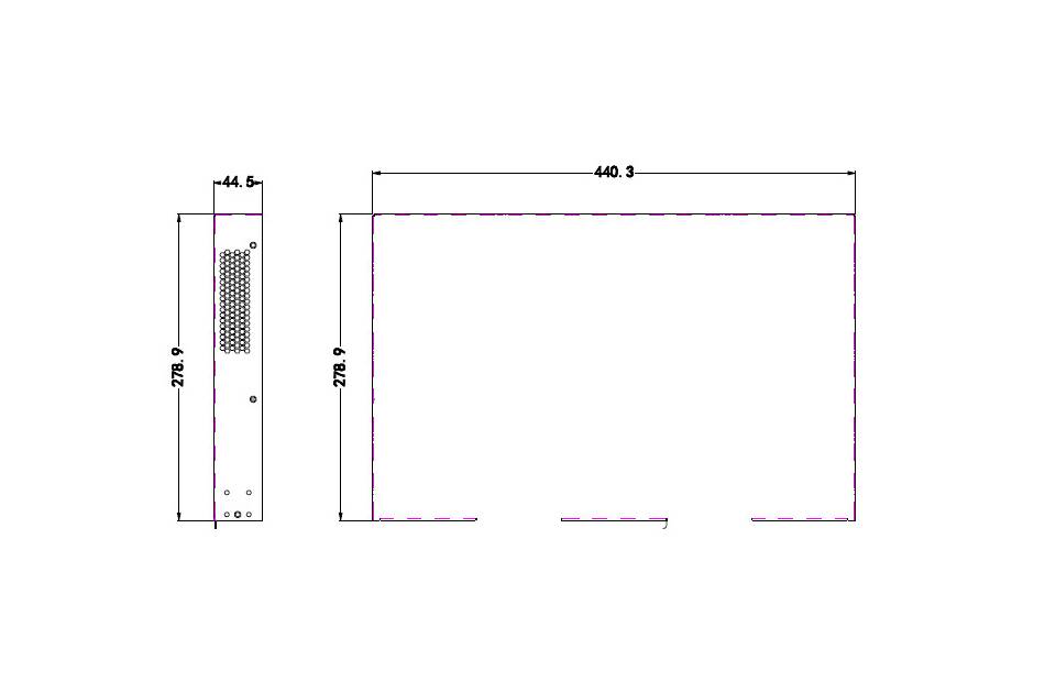 Technische Maßzeichnung eines rechteckigen Geräts mit Vorder- und Seitenansichten sowie Abmessungen von 440,3 mm Breite, 272,9 mm Höhe und 44,5 mm Tiefe.