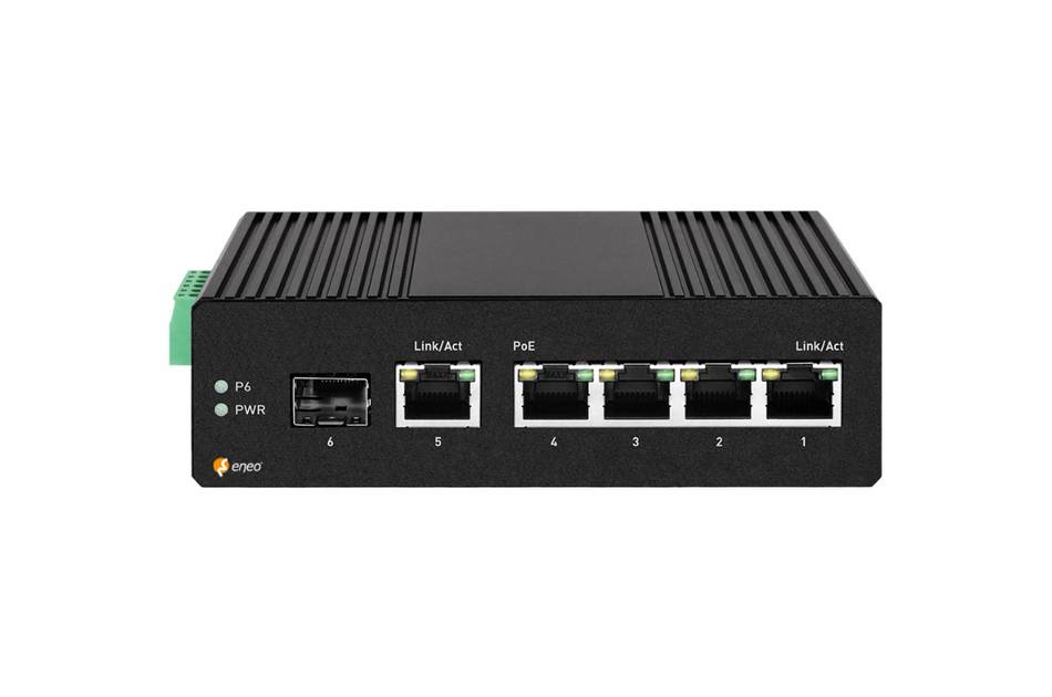 eneo NSUI-3004M0A, Gigabit Switch Industrie, Unmanaged, 4x PoE, 1xRJ45, 1xSFP, max 30W pro Port, -40°C~75°C, 44~57 VDC,