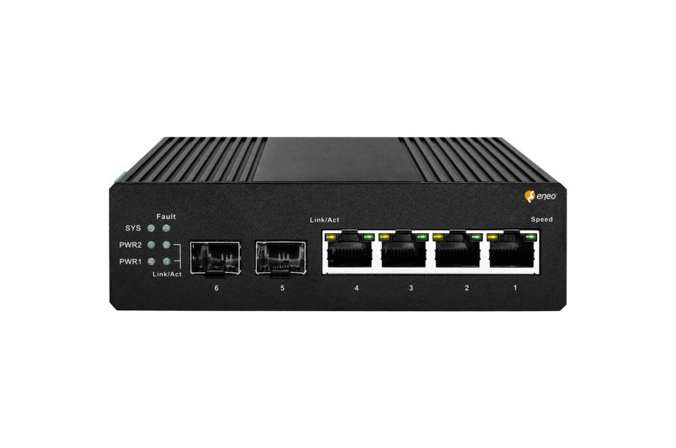 eneo NSMI-4004M0A, Gigabit Switch Industrie, Managed, 4x PoE, 2xSFP, max 30W pro Port, -40°C~75°C, 44~57 VDC, ohne Netz