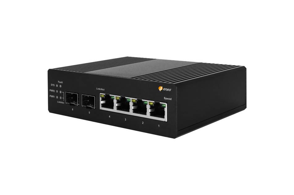 eneo NSMI-4004M0A, Gigabit Switch Industrie, Managed, 4x PoE, 2xSFP, max 30W pro Port, -40°C~75°C, 44~57 VDC, ohne Netz