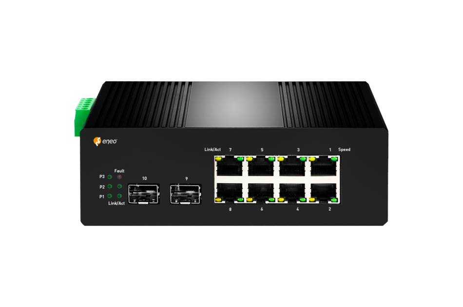 Vorderansicht eines schwarzen Ethernet-Netzwerk-Switches mit 8 RJ45-Anschlüssen, zwei SFP-Steckplätzen, Status-LEDs und einem grünen Stromstecker auf der linken Seite.