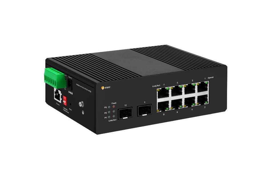 Schwarzer industrieller Ethernet-Switch/Router mit acht RJ45-Anschlüssen und Status-LEDs, dargestellt in einer Dreiviertelperspektive auf weißem Hintergrund.