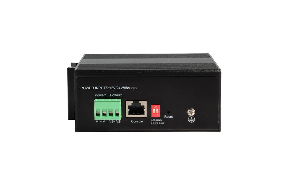 Schwarze elektronische Steuereinheit mit Stromeingang 12V/24V/48V, Konsolenport und Rückstellschalter auf der Frontplatte.