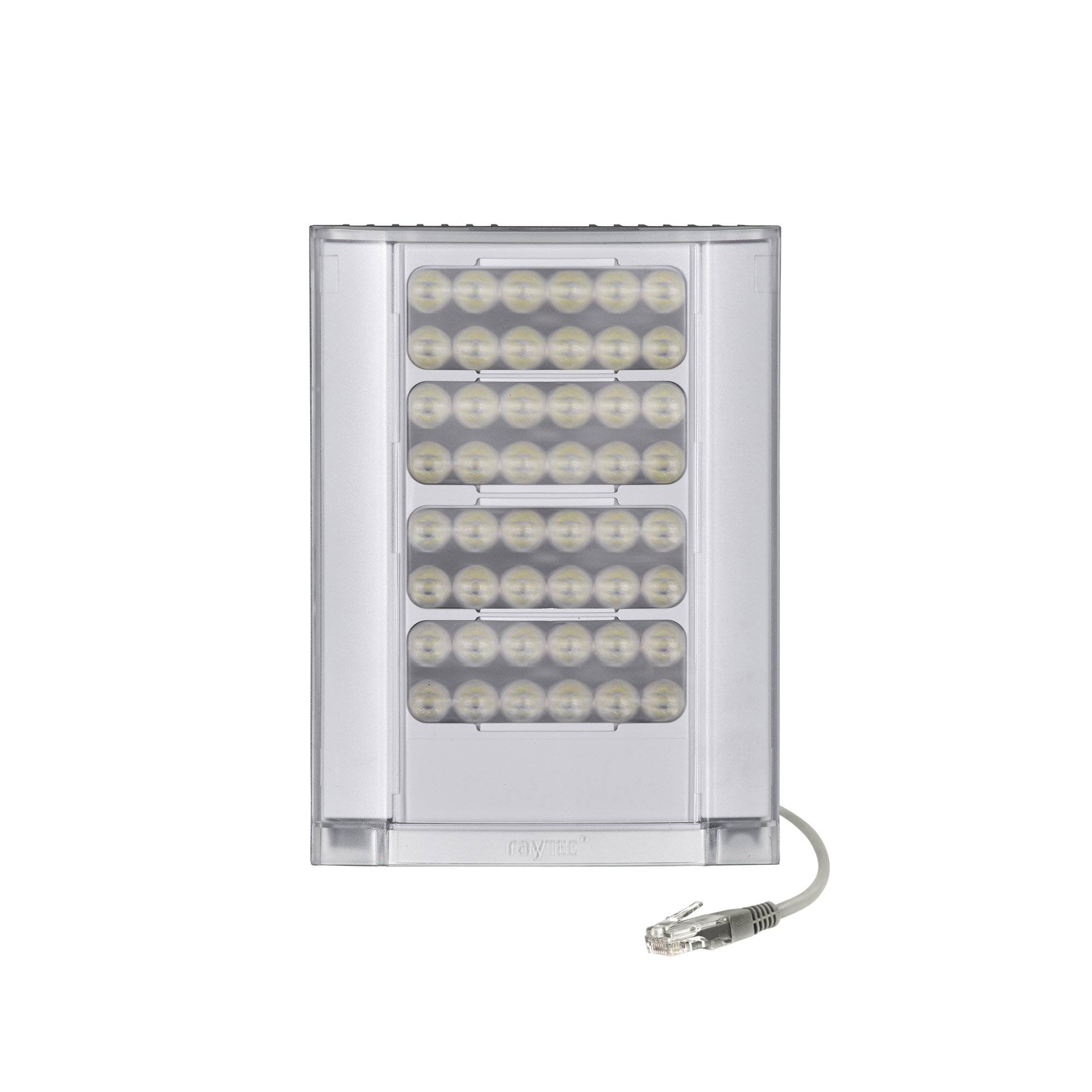 Ein transparentes LED-Lichtpanel mit vier Reihen von Leuchten und einem angeschlossenen Kabel, dargestellt auf weißem Hintergrund.