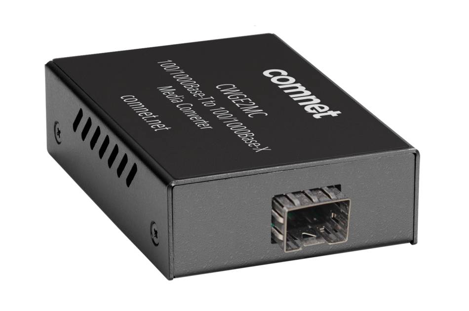 Black ComNet Glasfaser-Medienkonverter-Box mit Ethernet-Port auf der Vorderseite und beschrifteter Oberseite.