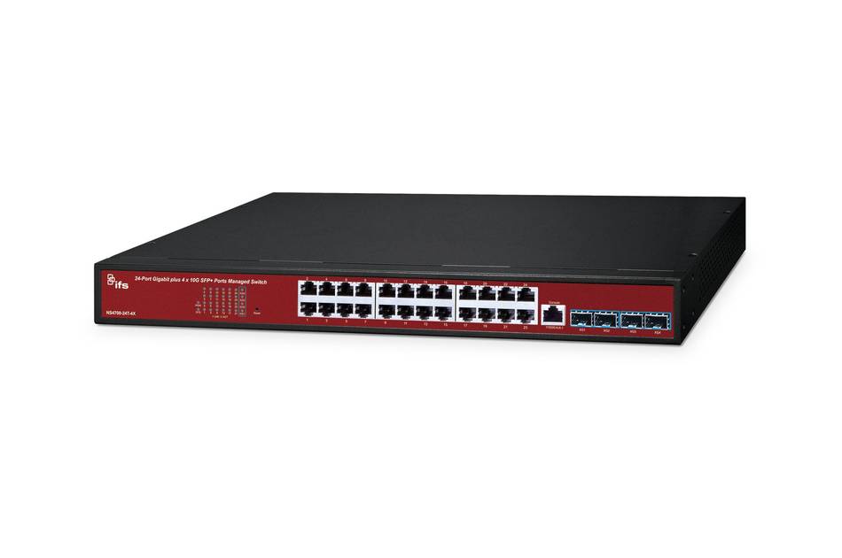 Vorderansicht eines 24-Port-Ethernet-Netzwerk-Switches mit rotem Frontpanel und Status-LEDs, dargestellt auf weißem Hintergrund.