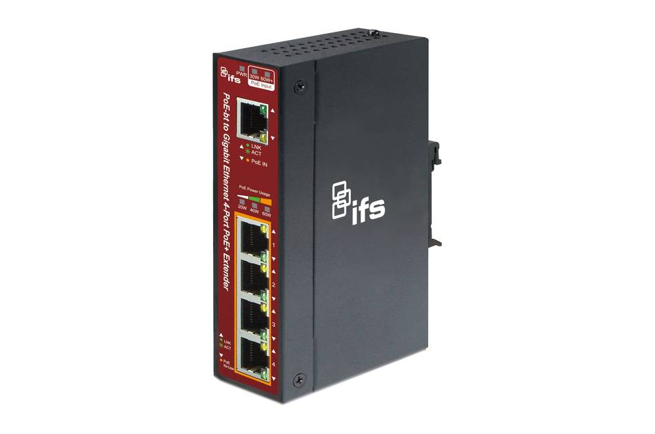 Industrieller IFS-Ethernet-Netzwerk-Switch-Modul mit mehreren RJ45-Anschlüssen auf einer roten Frontplatte und schwarzem Metallgehäuse