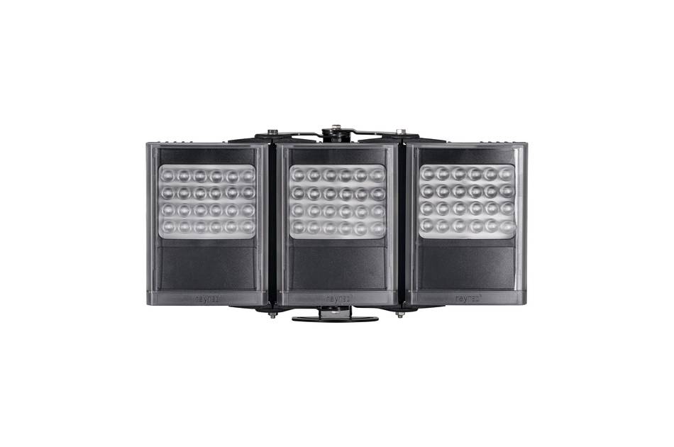 Schwarze dreieckige LED-Flutlicht- oder Bühnenscheinwerfer mit mehreren kreisförmigen Glühbirnen auf weißem Hintergrund.
