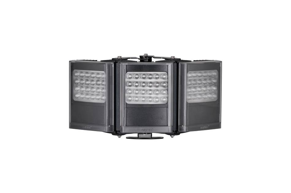 Dreiflächige schwarze LED-Leuchte mit mehreren Glühbirnen auf weißem Hintergrund.