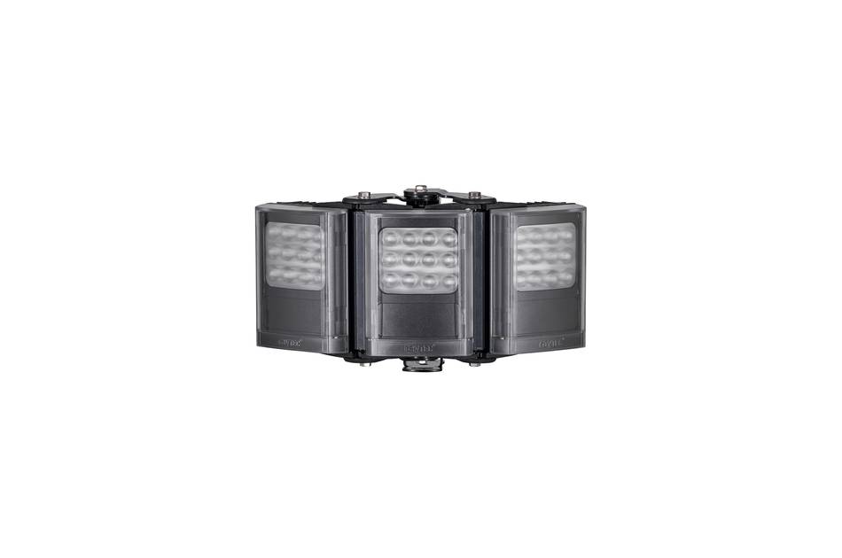Schwarzte Multi-Panel-LED-Leuchte mit drei einstellbaren beleuchteten Abschnitten auf weißem Hintergrund