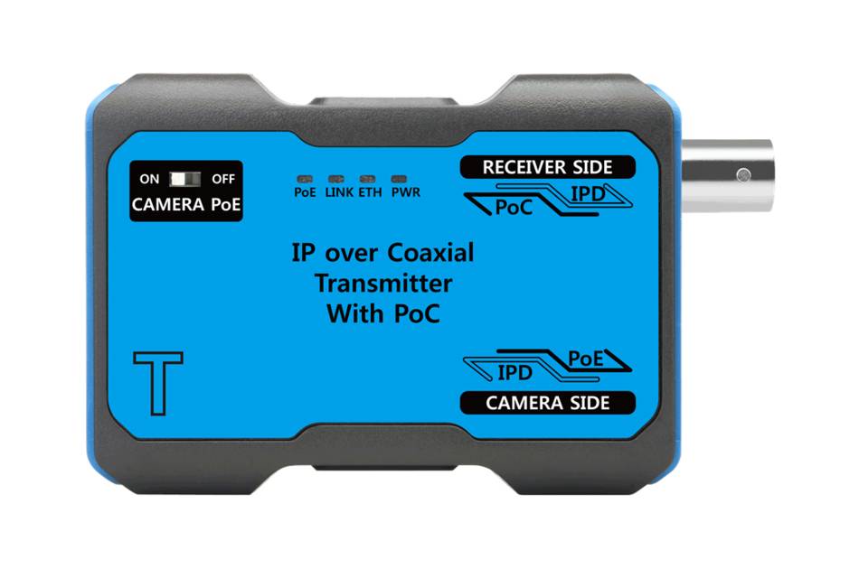 Blue IP über Koaxial-Sender mit PoC-Gerät, auf der Empfängerseite und Kameraseite gekennzeichnet, mit Status-LEDs und angebrachtem Koaxialstecker.