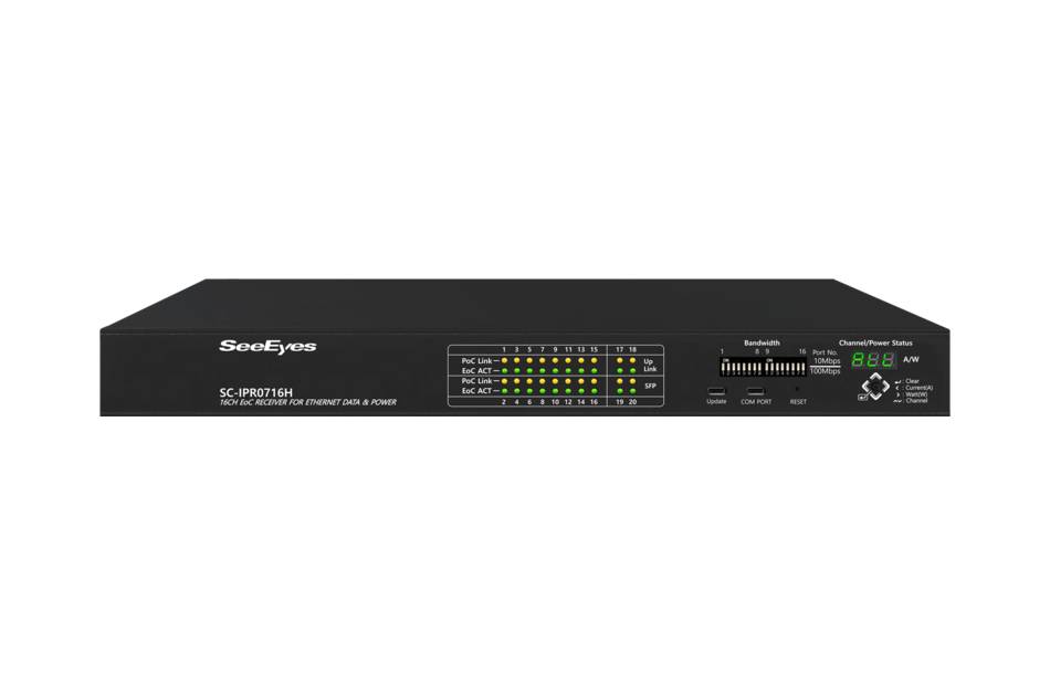 Frontansicht eines SeeEyes Netzwerk-Videorekorders, Modell SC-HC7415H, mit Kanal-Status-LEDs und einem Bandbreiten-/Bedienfeld auf der rechten Seite.