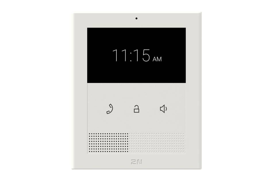 Ein weiß montiertes Wandsprechanlagesystem mit Touchscreen-Display zeigt „11:15 Uhr