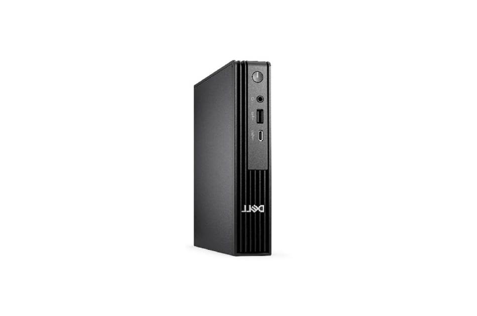 Dell OptiPlex Small-Form-Factor Desktop-Tower von vorne links gezeigt, mit Stromschaltfläche, Anschlüssen und Dell-Logo auf weißem Hintergrund.
