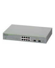Ein kompakter Netzwerk-Switch mit acht Ethernet-Anschlüssen, zwei zusätzlichen Steckplätzen und LED-Anzeigen auf der Frontplatte zur Statusüberwachung.