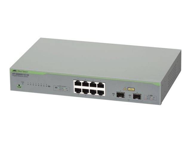 Frontansicht eines Rack-Mount-Netzwerk-Switches mit acht Ethernet-Ports, zwei Uplink-Ports und Status-LEDs auf einfachem weißem Hintergrund.