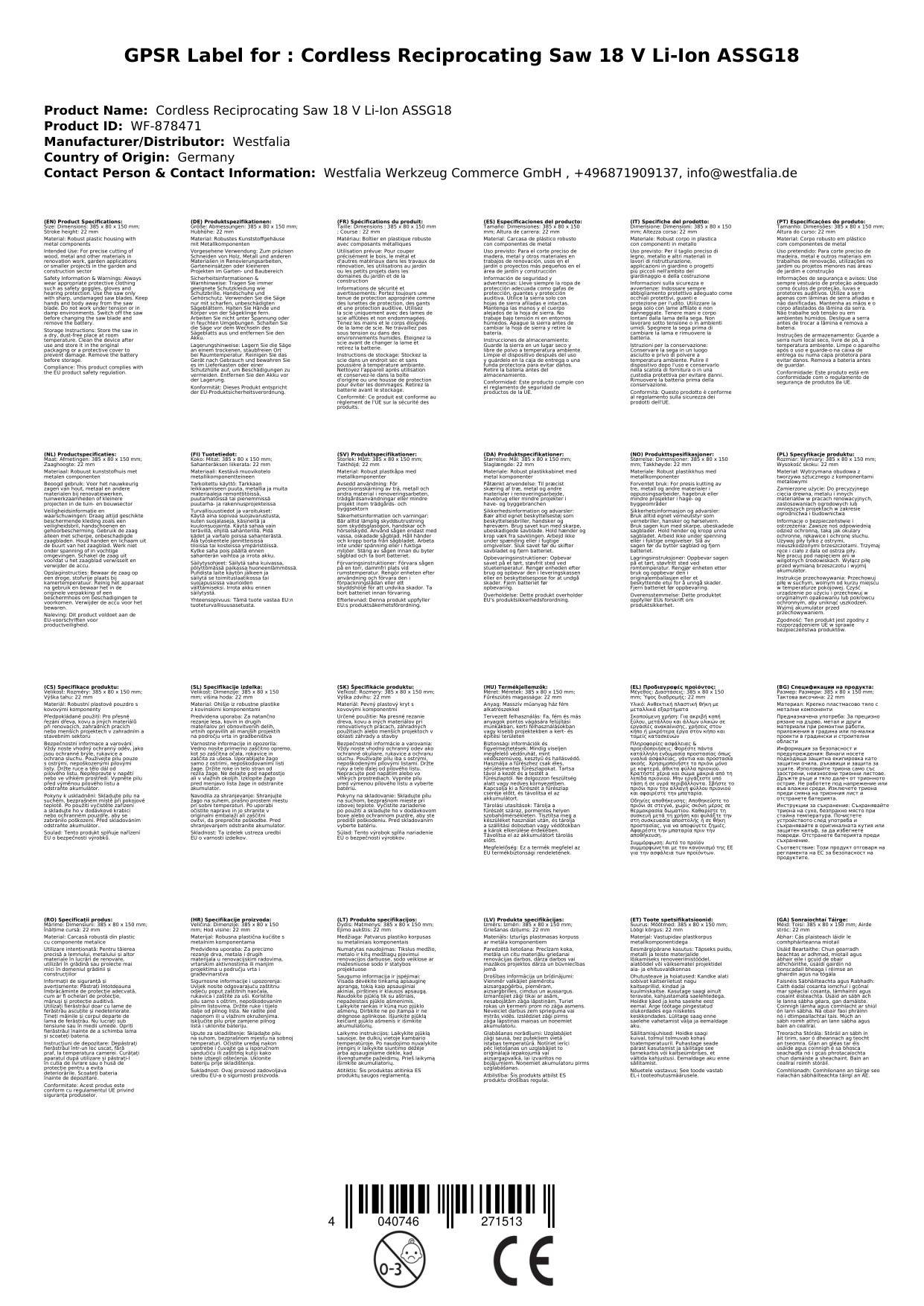 Akku Säbelsäge 18 V Li - Ion ASSG18