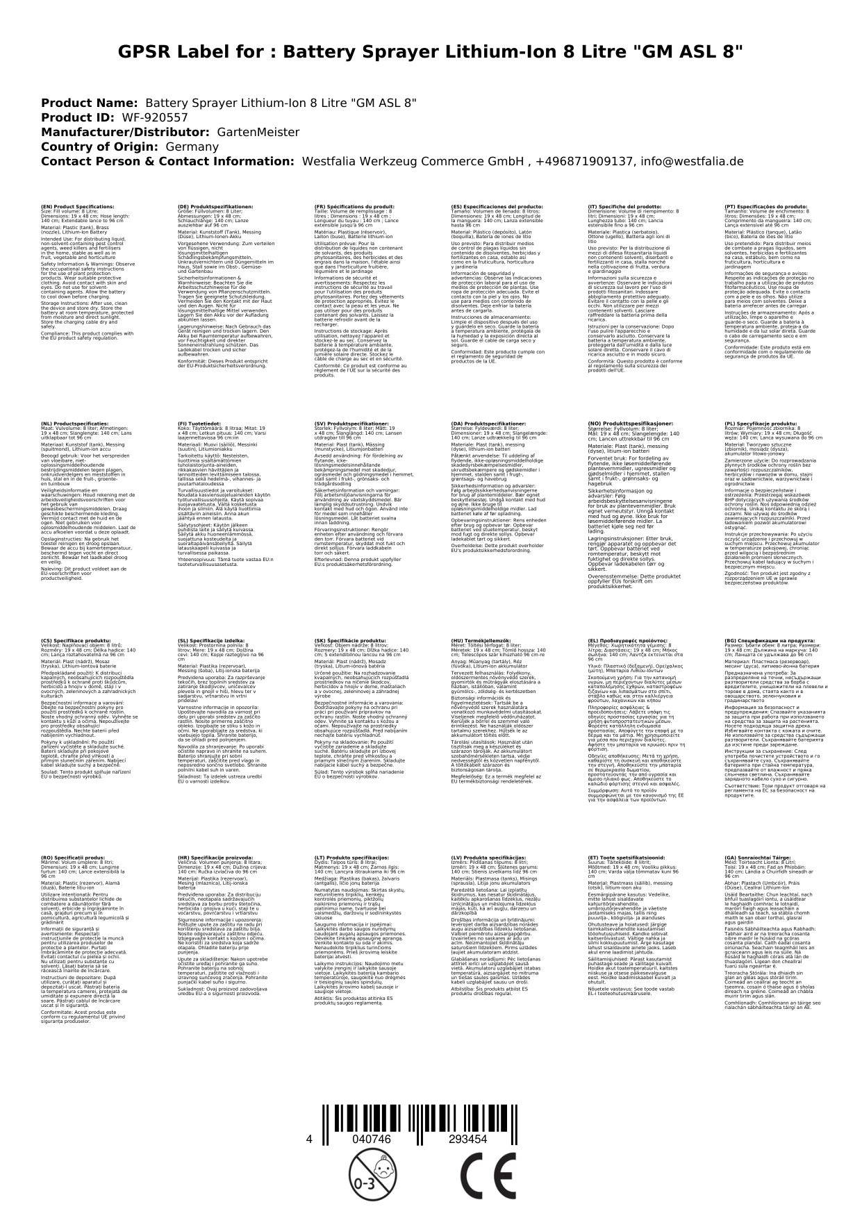 Akku-Sprühgerät Li-Ionen 8 Liter "GM ASL 8"