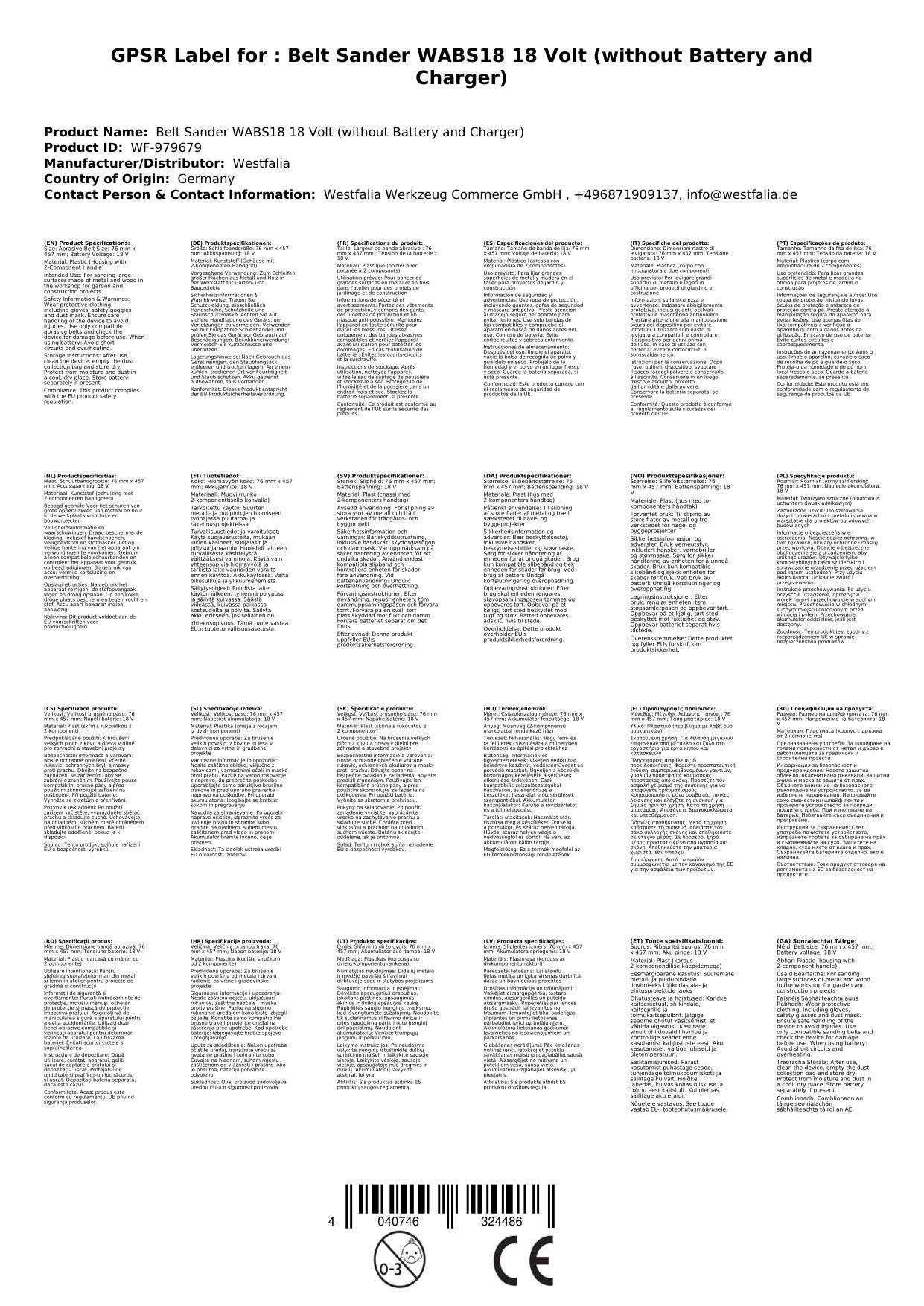 Bandschleifer WABS18 18 Volt (ohne Akku und Ladegerät)