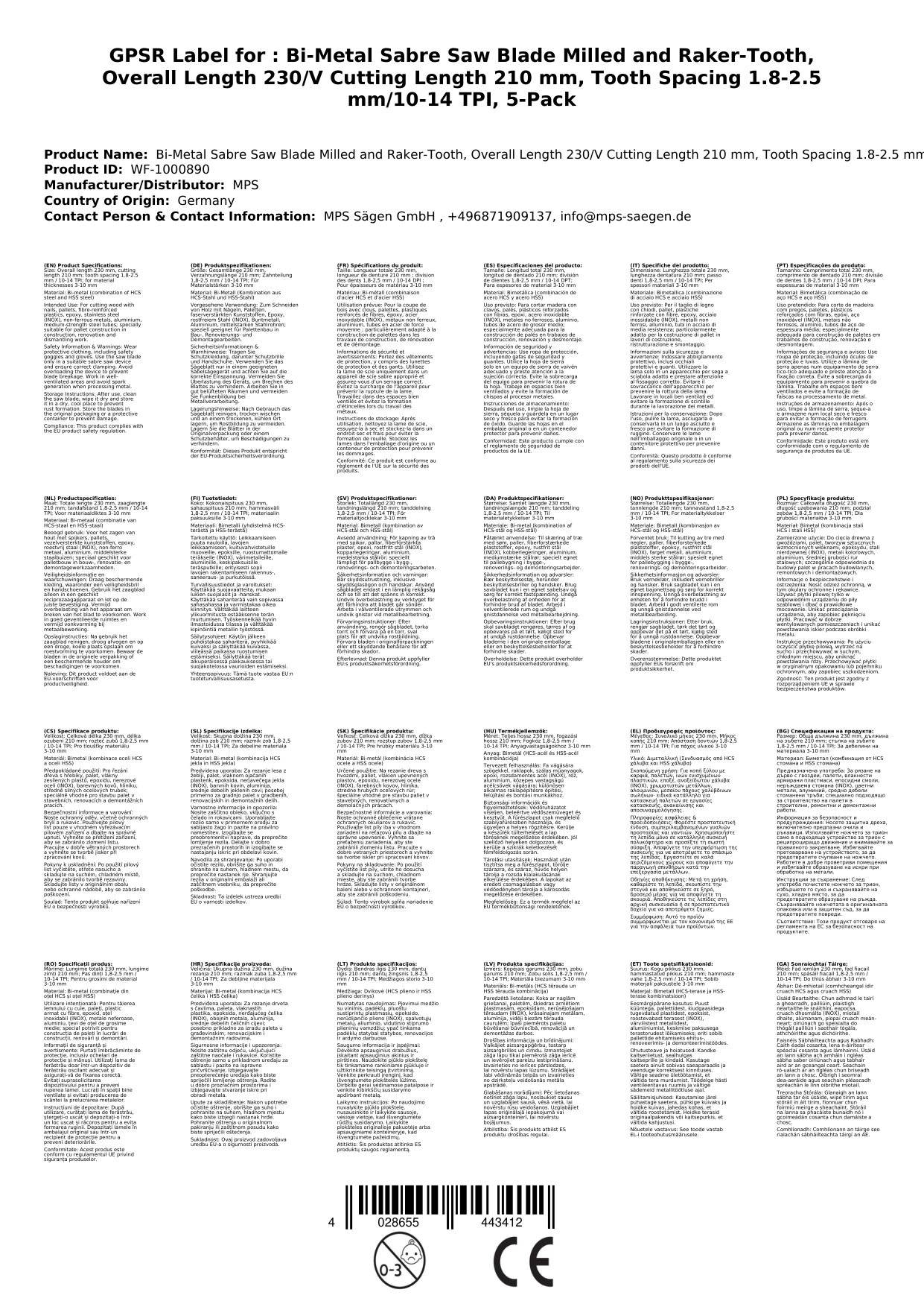 Bi-Metall-Säbelsägeblatt gefräst und geschränkt, GL 230/VL 210 mm, ZT 1,8-2,5mm/10-14TPI, 5er Pack