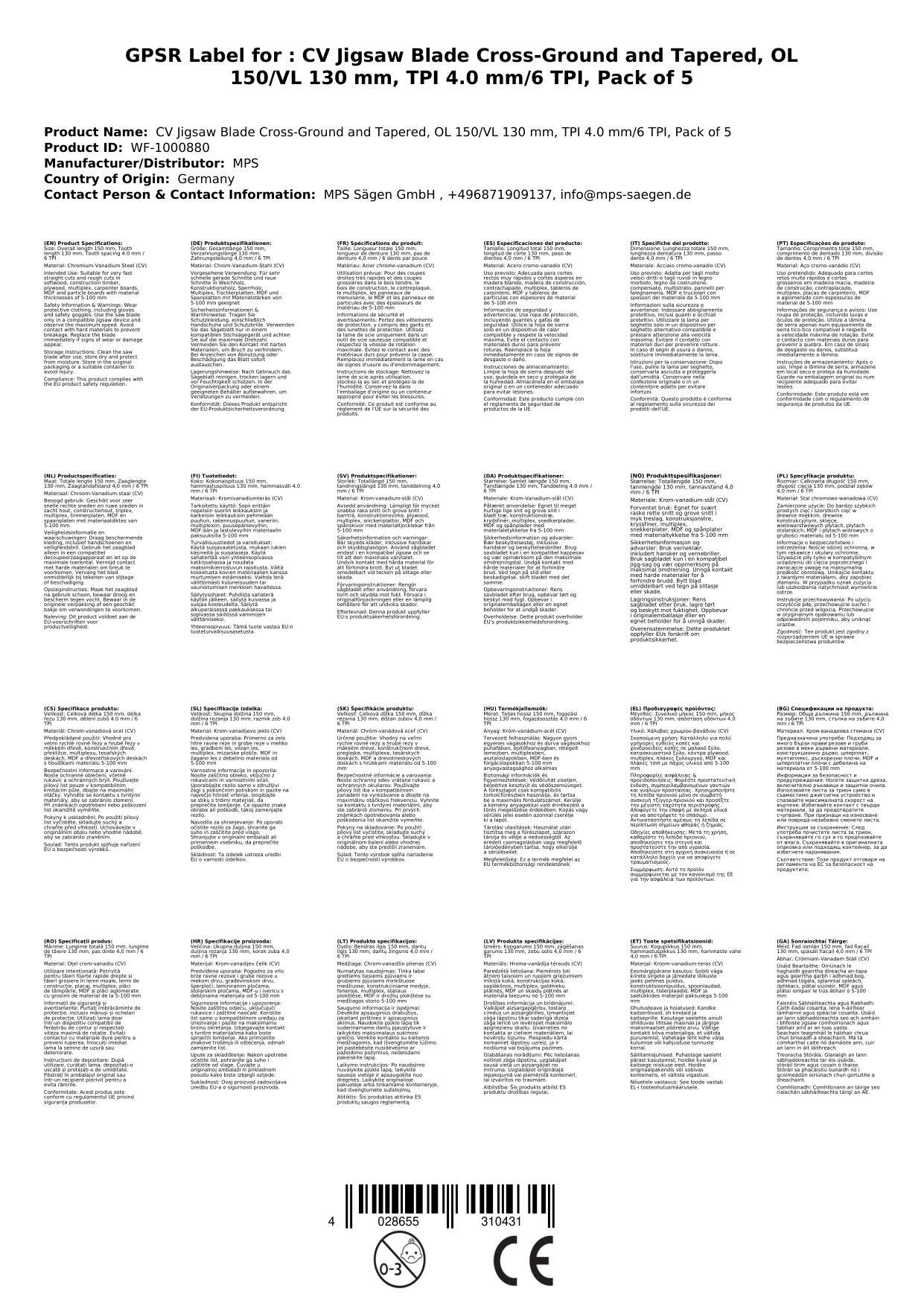 CV-Stichsägeblatt kreuzgeschliffen und geschränkt, GL 150/VL 130 mm, ZT 4,0mm/ 6TPI, 5er Pack