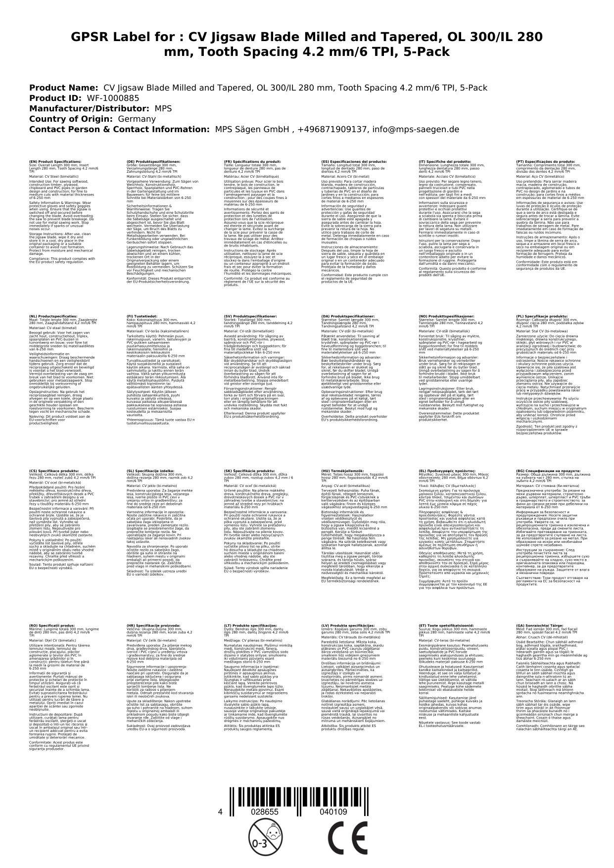 CV-Säbelsägeblatt gefräst und geschränkt, GL 300/VL 280 mm, ZT 4,2 mm/6TPI, 5er Pack