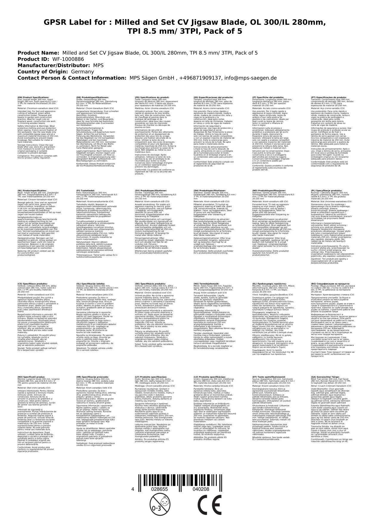 CV-Säbelsägeblatt gefräst und geschränkt, GL 300/VL 280mm, ZT 8,5 mm/ 3TPI, 5er Pack