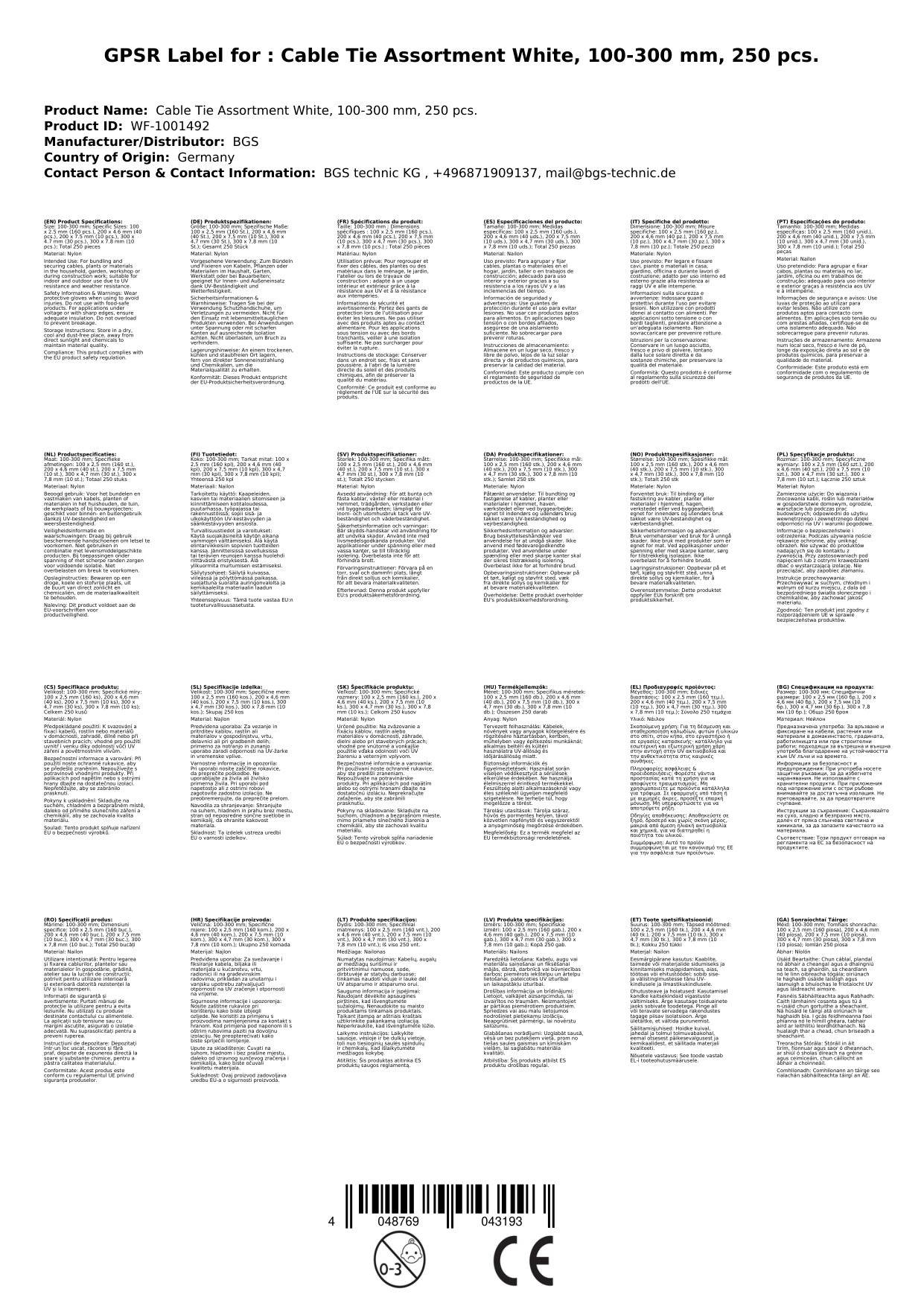 Kabelbinder-Sortiment weiß, 100-300 mm, 250-tlg.