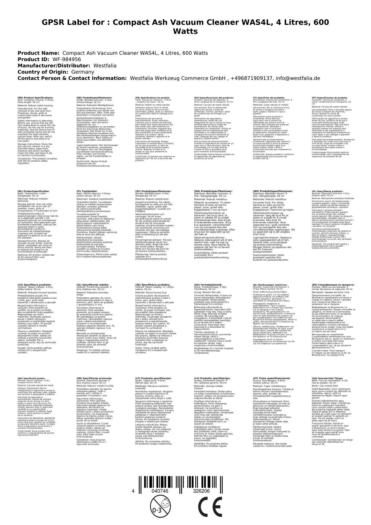 Kompakt Aschesauger WAS4L, 4 Liter, 600 Watt