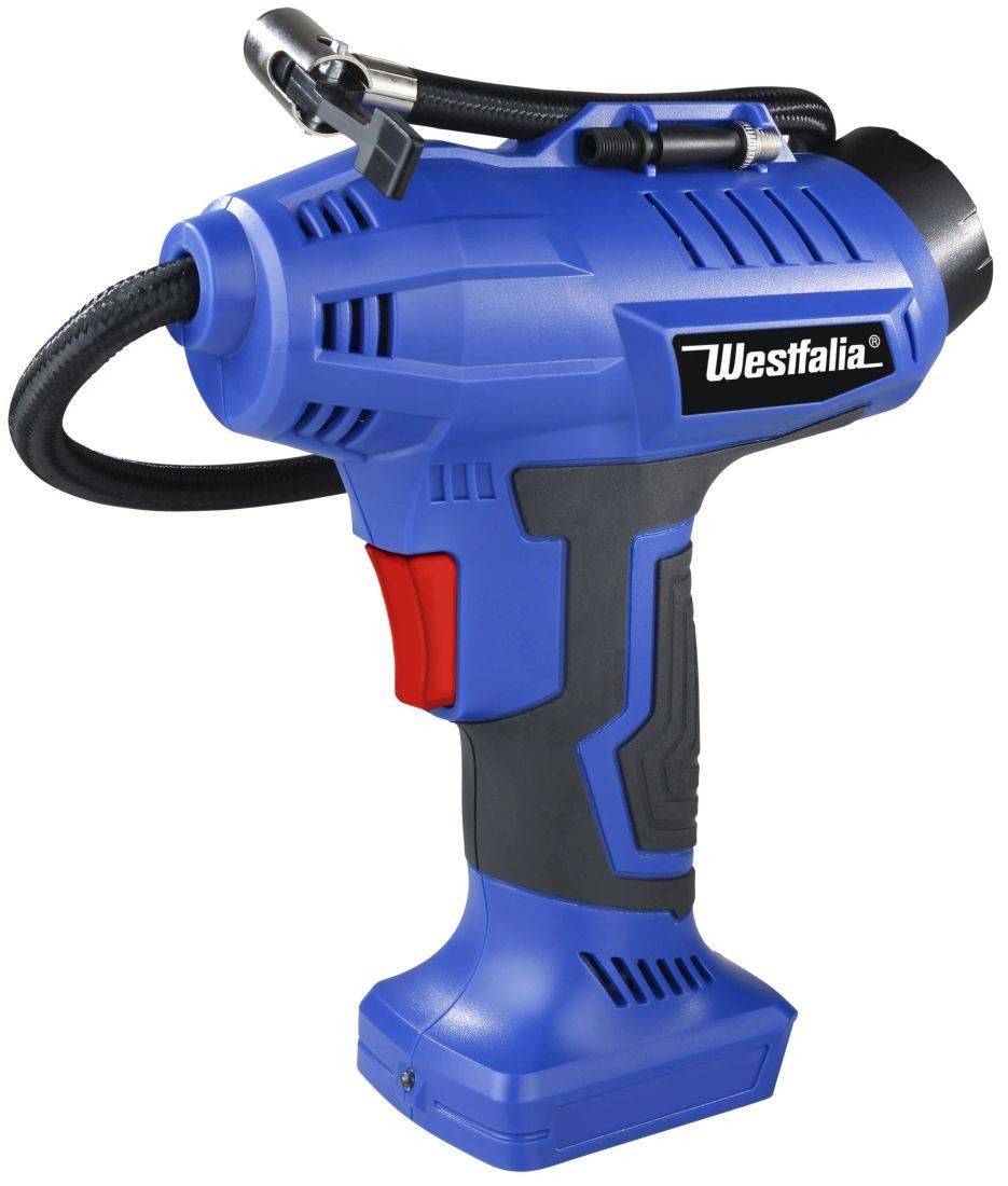 Ein blauer kabelloses Elektrobohrer von Westfalia mit schwarzem Griff und rotem Auslöser.