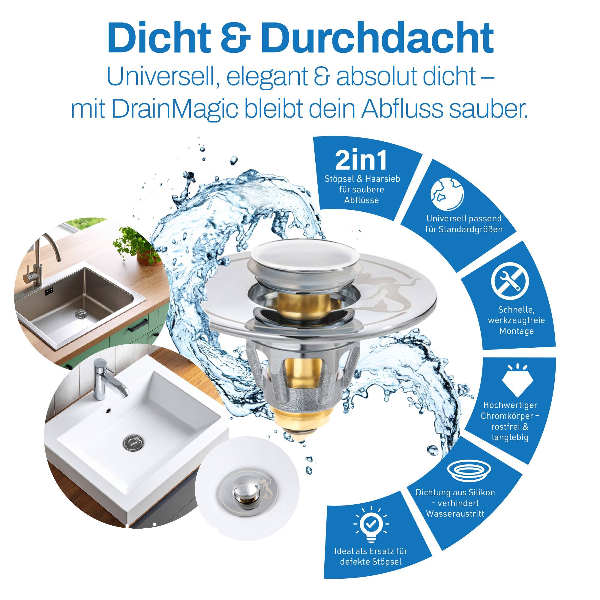 Drain Magic - Universal Waschbeckenstöpsel mit Abflusssieb - inkl. 3 Dichtungsringe - verhindert Verstopfungen & Tropfen - für Waschbecken, Spüle