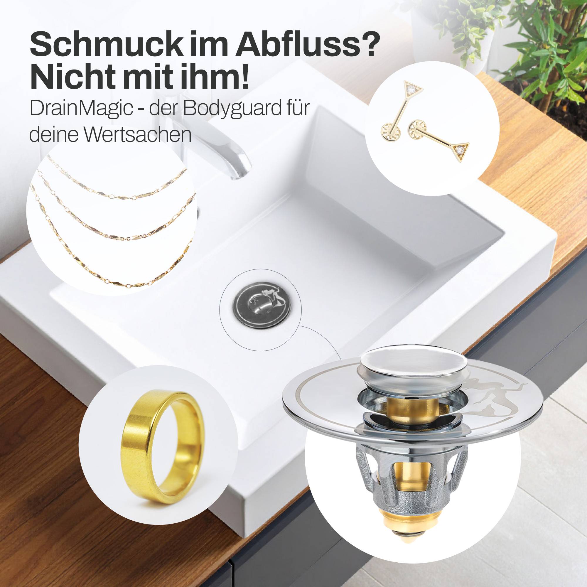 Drain Magic - Universal Waschbeckenstöpsel mit Abflusssieb - inkl. 3 Dichtungsringe - verhindert Verstopfungen & Tropfen - für Waschbecken, Spüle