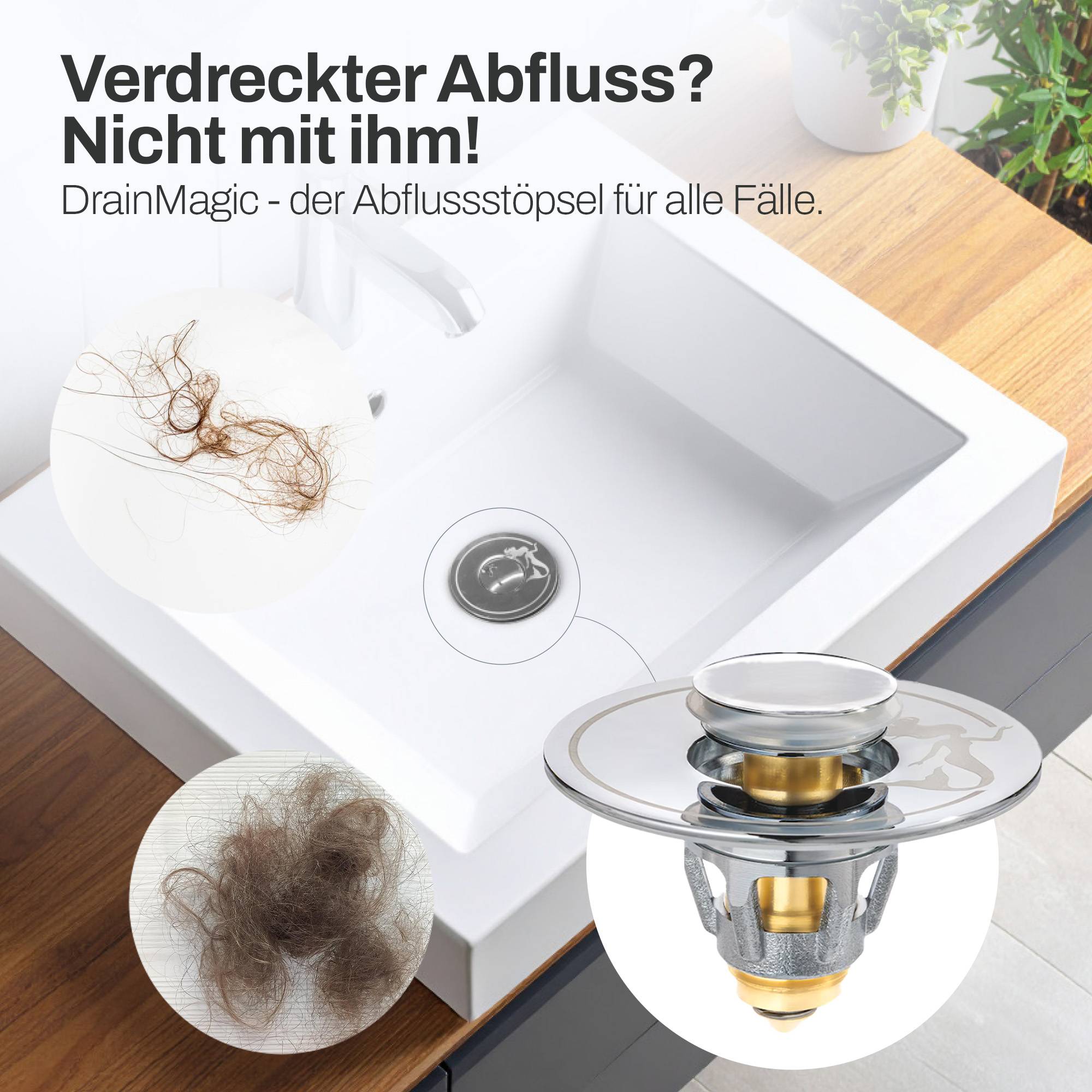 Drain Magic - Universal Waschbeckenstöpsel mit Abflusssieb - inkl. 3 Dichtungsringe - verhindert Verstopfungen & Tropfen - für Waschbecken, Spüle