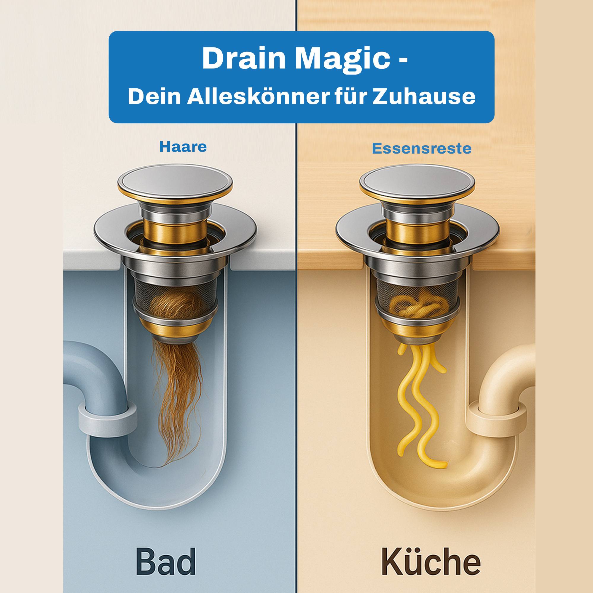 Drain Magic - Universal Waschbeckenstöpsel mit Abflusssieb - inkl. 3 Dichtungsringe - verhindert Verstopfungen & Tropfen - für Waschbecken, Spüle