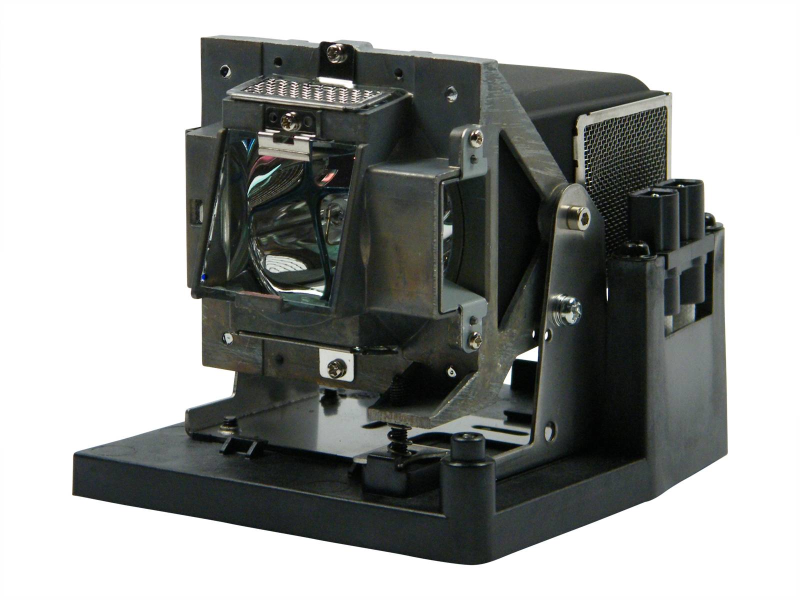 Eine Projektionslampeneinheit aus Metall und Glas mit einem reflektierenden Gehäuse, das auf einem schwarzen Sockel montiert ist und in Projektoren zur Erzeugung von Bildern verwendet wird.